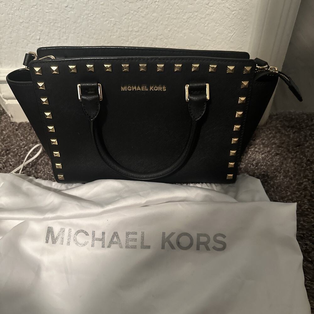 Michael Kors Selma Gold Studded Black Leather Satchel Crossbody Handbag